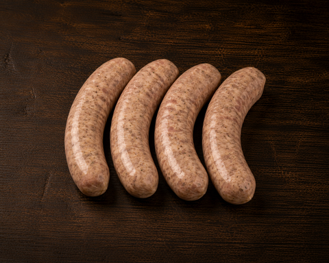 Beierse Braadworst van Pure Meat & Co, beierse braadworst op een schaal