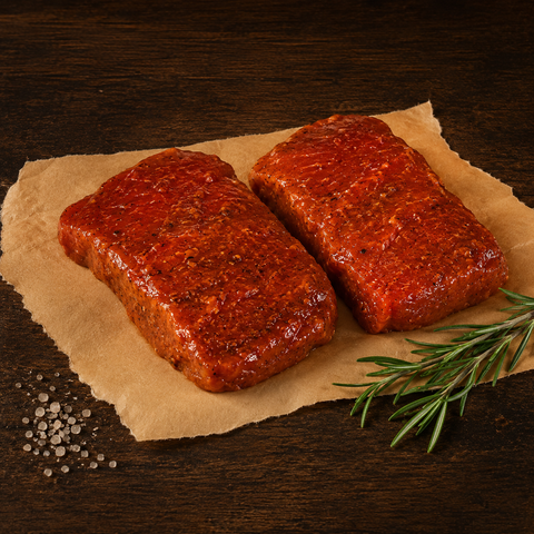 Gemarineerde Biefstuk van Pure Meat & Co, gemarineerde biefstuk op een snijplank