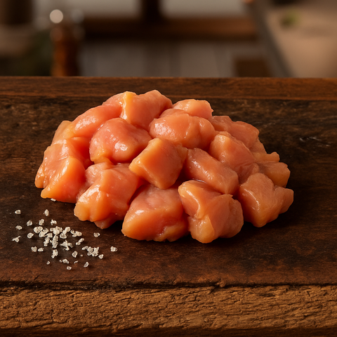 Kipfiletblokjes van Pure Meat & Co, blokjes kipfilet in een schaal