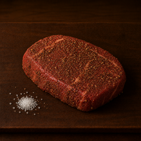 Runder Pepersteak van Pure Meat & Co, pepersteak op een houten plank
