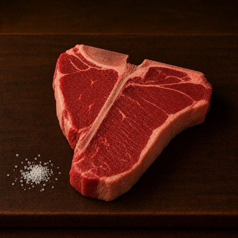 Runder T-Bone Steak van Pure Meat & Co, t-bone steak op een snijplank