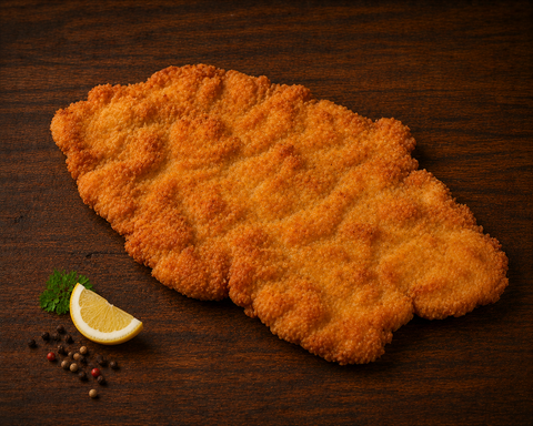 Varkens Wienerschnitzel van Pure Meat & Co, gepaneerde wienerschnitzel op een bord