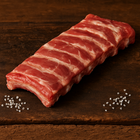 Varkensspareribs van Pure Meat & Co, rauwe spareribs op een snijplank